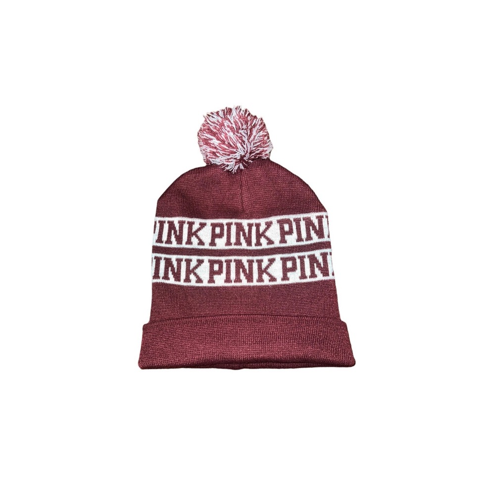 Victorias Secret PINK Beanie Maroon Burgundy White Logo Pom Pom Knit Winter Hat